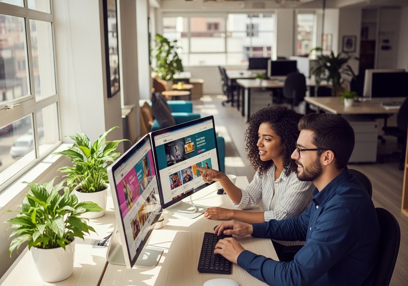 Equipe trabalhando em landing page